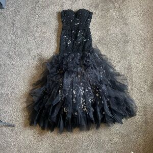 Jovani Strapless Black Lace Ruffle Prom Dress